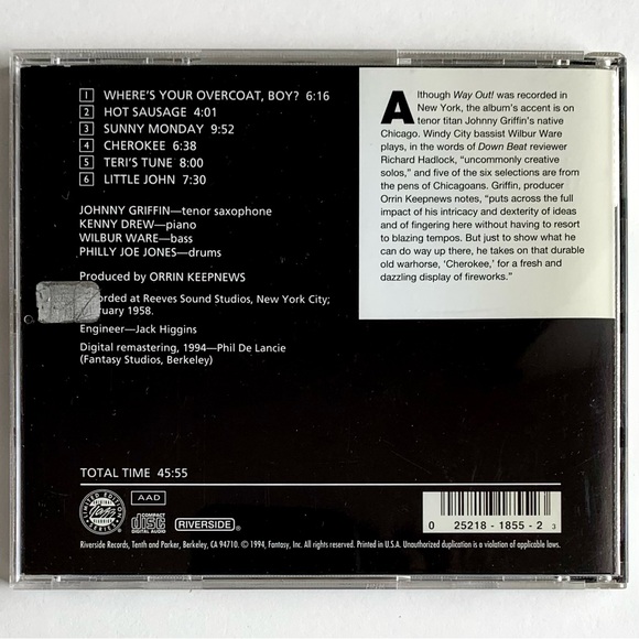 Way Out! by Johnny Griffin Quartet CD 025218185523 Jazz Bebop Riverside 12-274 - Picture 4 of 4